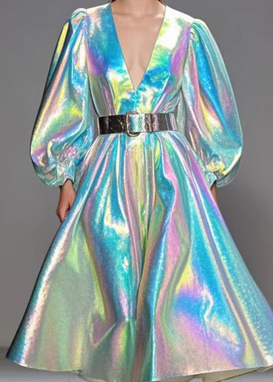 Deep V-Neck Puff Sleeve Iridescent Metallic Pleated Midi Dress