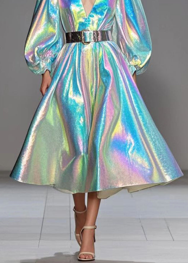 Deep V-Neck Puff Sleeve Iridescent Metallic Pleated Midi Dress