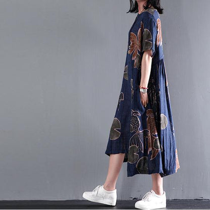 Round Neck Short Sleeve Koi Fish Print Pocket Linen Midi Dress