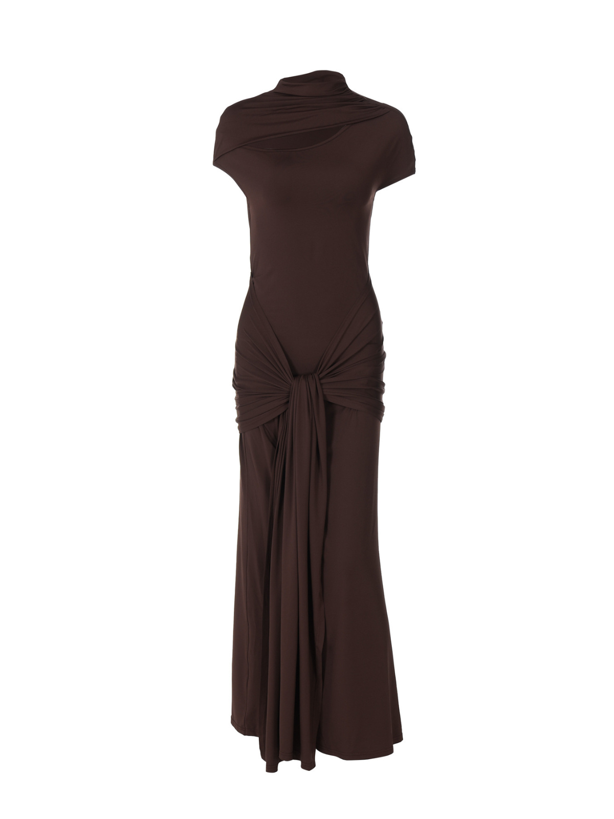 Mock Neck Chest Cutout Cap Sleeve Drape Front Column Maxi Dress