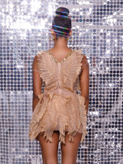Rhinestone Crystal Leaf Applique Sheer Mesh Panel Sleeveless Mini Dress