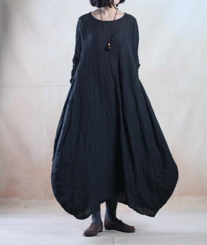 Crew Neck Crinkle Textured Oversized Asymmetrical Hem Linen Maxi Dress