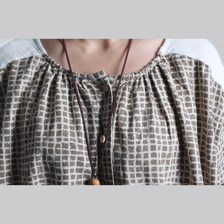 Gathered Neck Grid Check Button-Front Contrast Shoulder Midi Dress