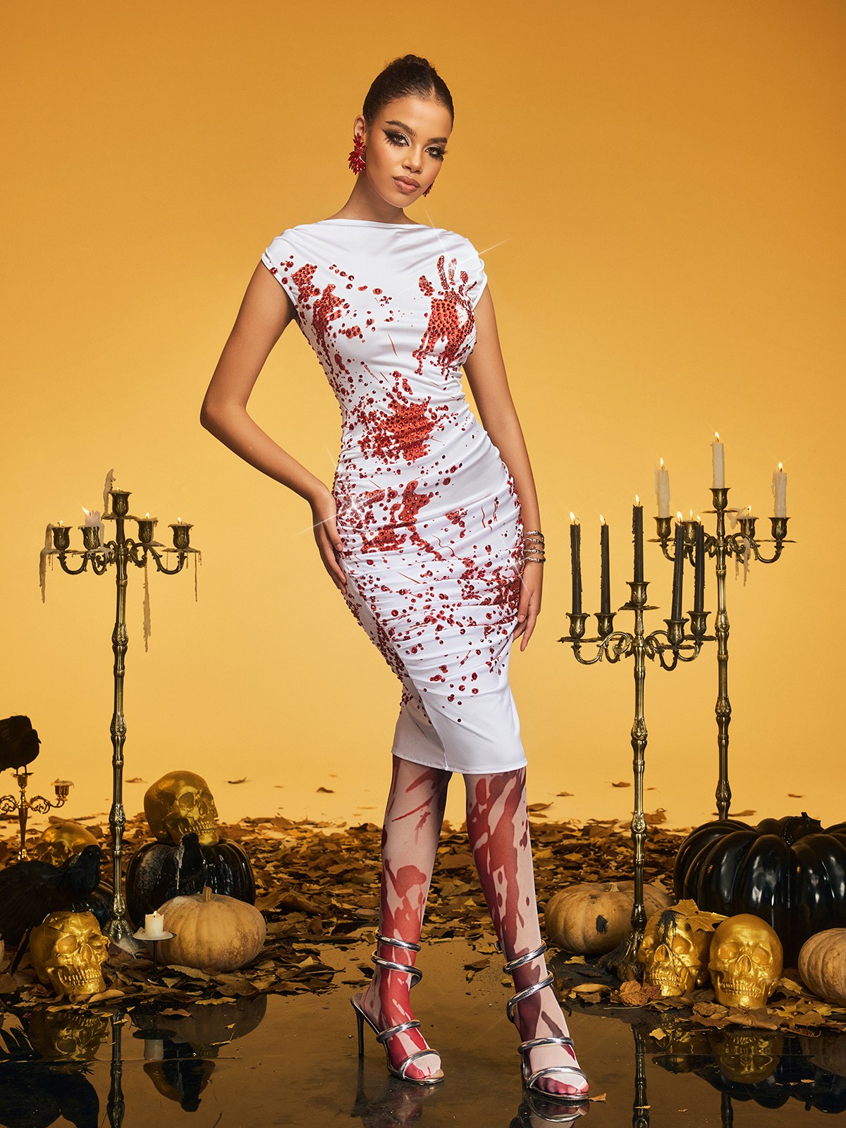 Sleeveless Ruched Sequin Splatter Print Mock Neck Midi Dress