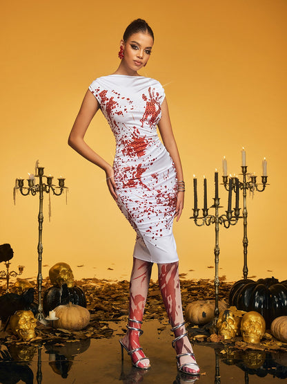 Sleeveless Ruched Sequin Splatter Print Mock Neck Midi Dress
