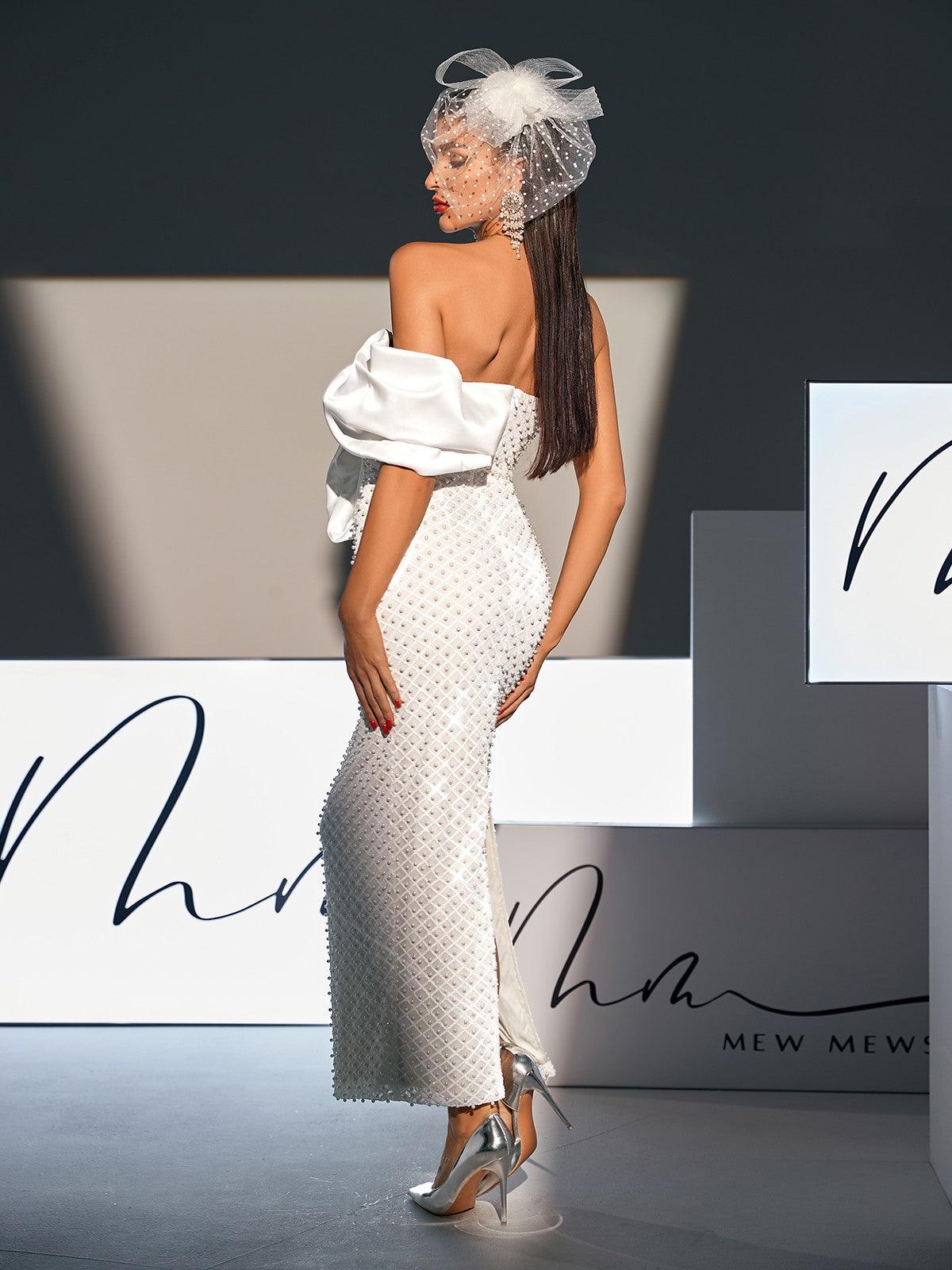 One Shoulder Pearl Grid Embellished Bow Maxi Dress
