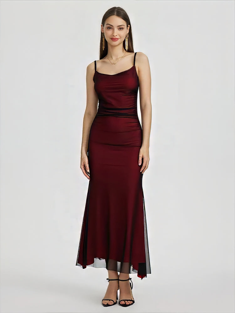 Spaghetti Strap Square Neck Mesh Overlay Ruched Maxi Dress