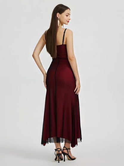 Spaghetti Strap Square Neck Mesh Overlay Ruched Maxi Dress