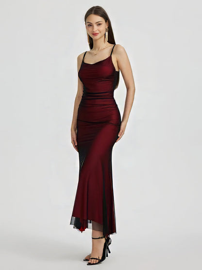 Spaghetti Strap Square Neck Mesh Overlay Ruched Maxi Dress