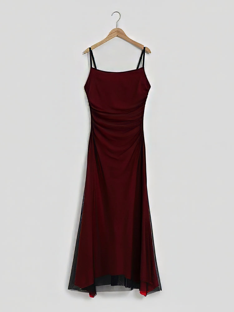 Spaghetti Strap Square Neck Mesh Overlay Ruched Maxi Dress