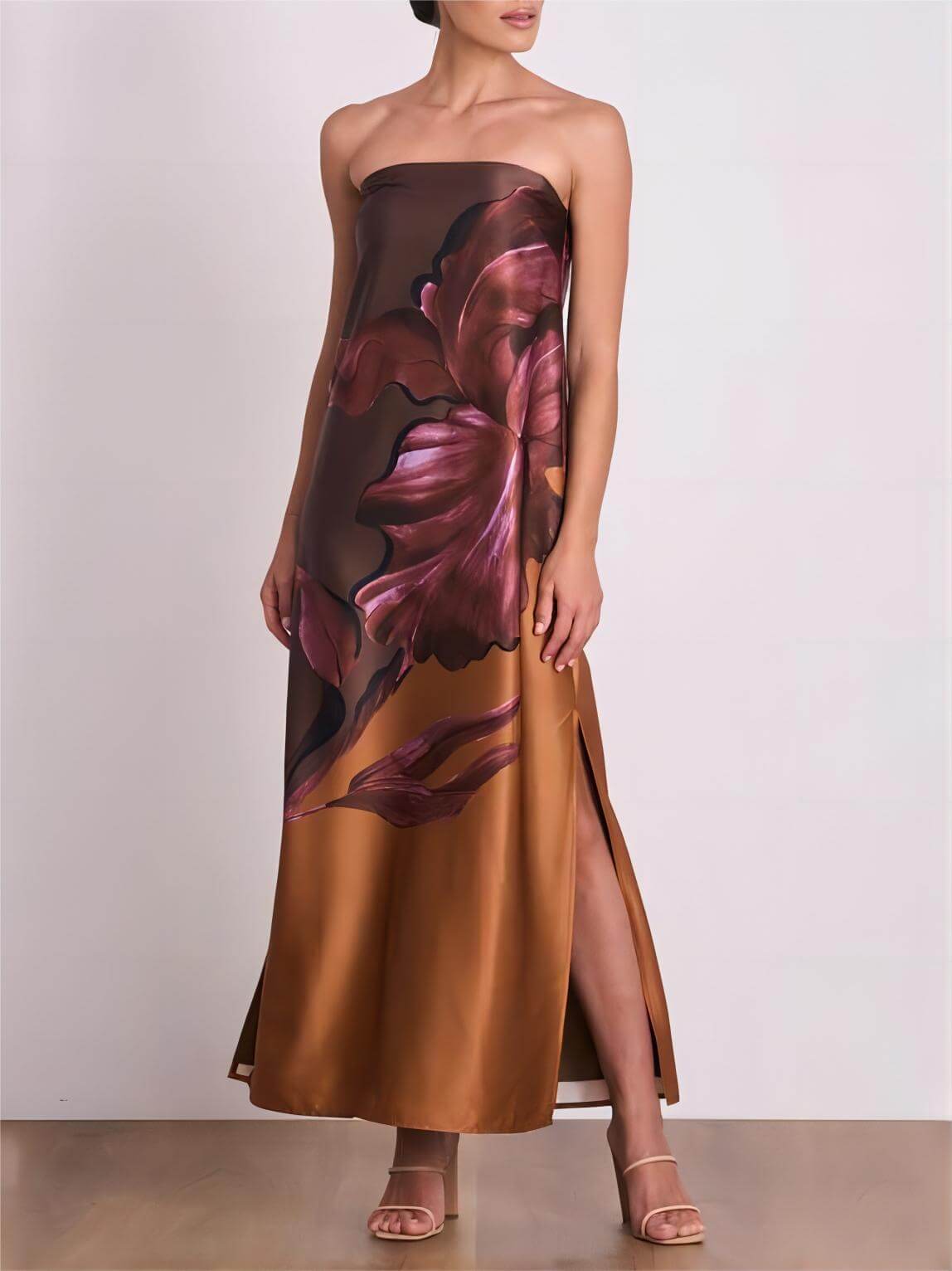 Strapless Satin Floral Placement Print Side Slit Maxi Dress