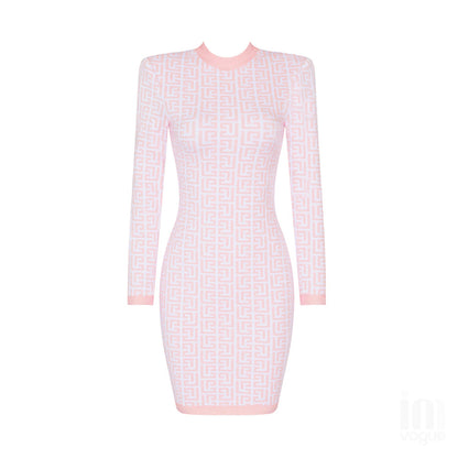 Round Neck Long Sleeve Plaid Mini Bandage Dress PHD1733