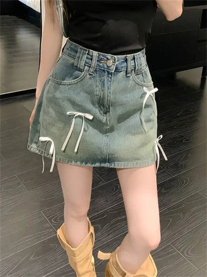 Chic Denim Bow Detail Skirt