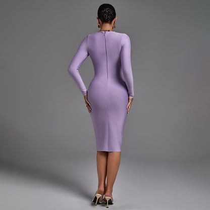 Round Neck Long Sleeve Striped Midi Bandage Dress