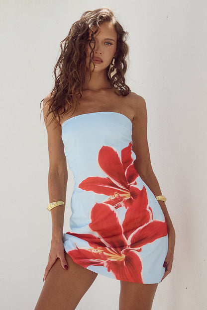 Strapless Tube Bodycon Large-Scale Lily Print Mini Dress