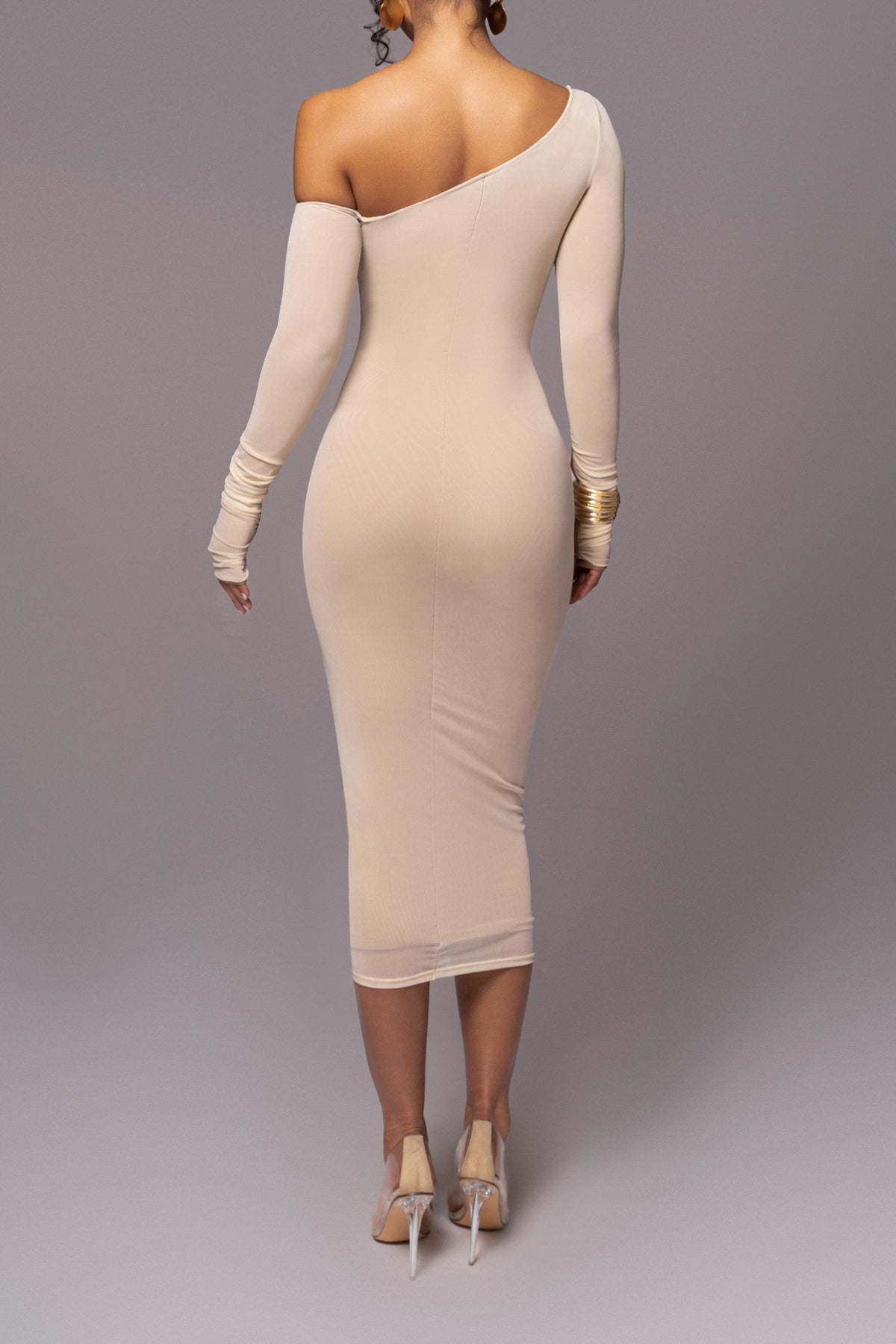One Shoulder Contrast Piping Ruched Mesh Long Sleeve Bodycon Midi Dress