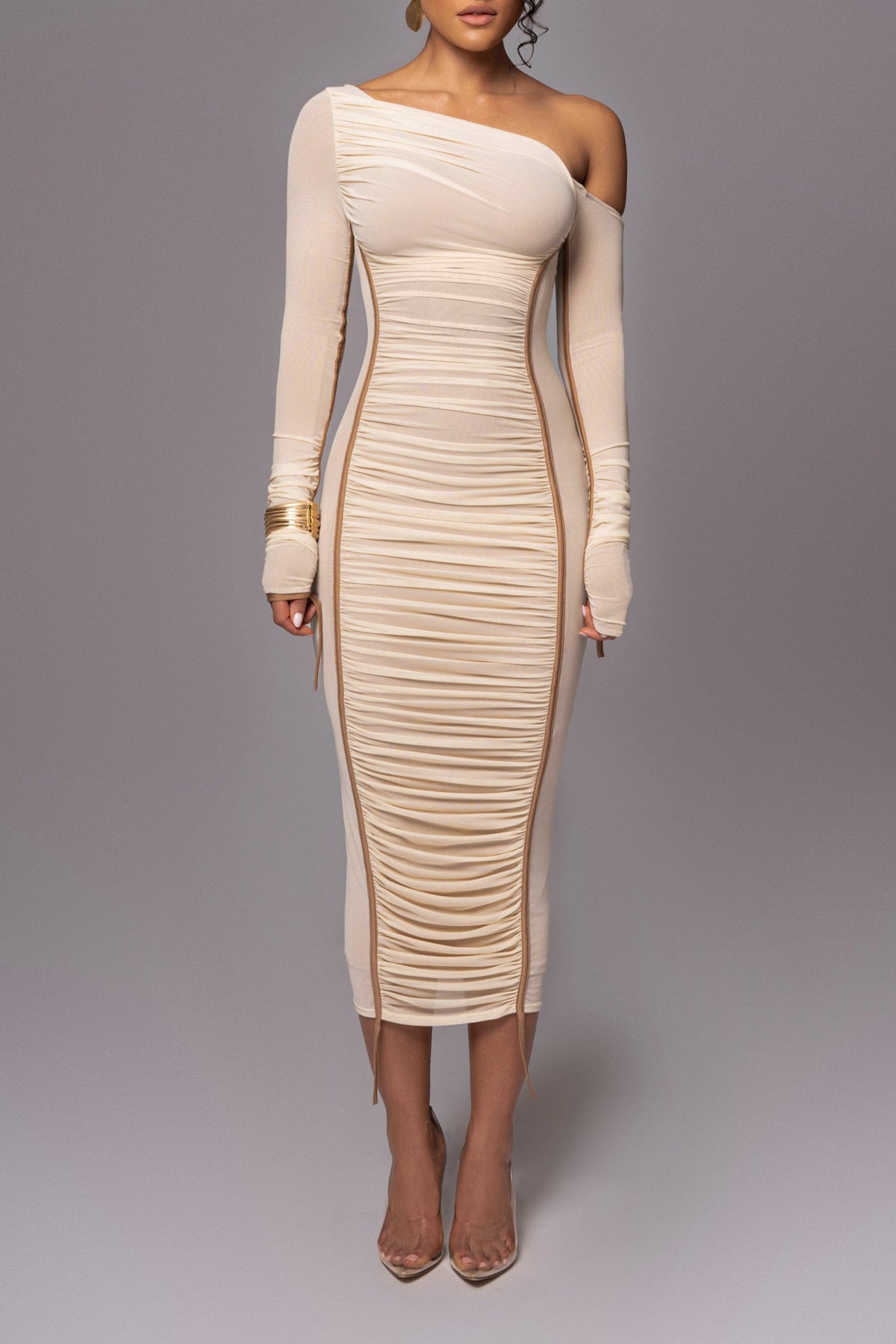 One Shoulder Contrast Piping Ruched Mesh Long Sleeve Bodycon Midi Dress