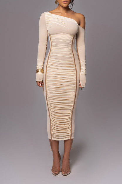 One Shoulder Contrast Piping Ruched Mesh Long Sleeve Bodycon Midi Dress