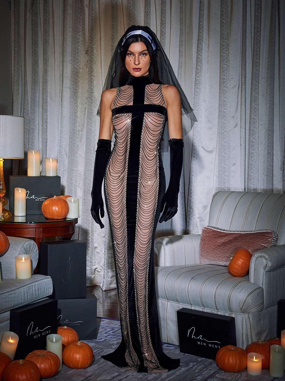 High Neck Cross Applique Chain Drape Mesh Maxi Dress With Opera Gloves And Veil