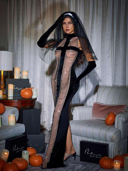 High Neck Cross Applique Chain Drape Mesh Maxi Dress With Opera Gloves And Veil