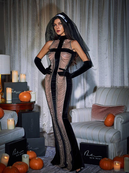 High Neck Cross Applique Chain Drape Mesh Maxi Dress With Opera Gloves And Veil