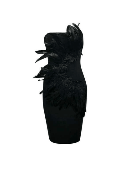 Strapless Feather Trim Bandage Bodycon Mini Dress