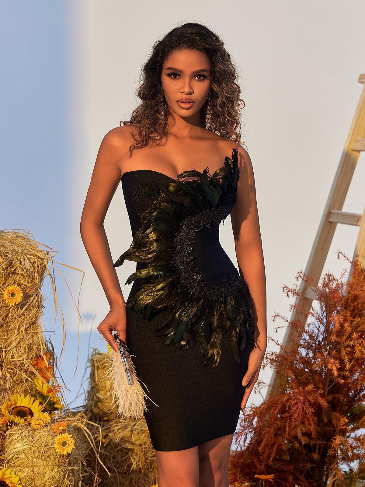 Strapless Feather Trim Bandage Bodycon Mini Dress