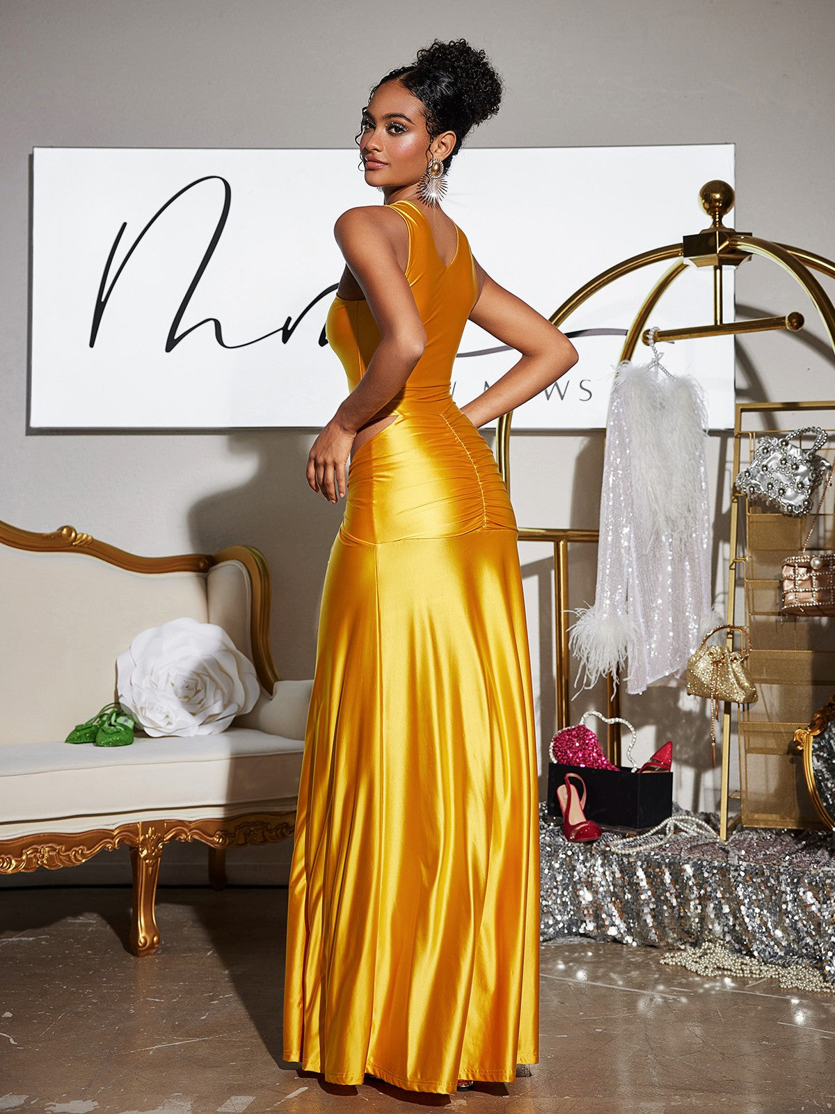Halter Neck Starburst Brooch Waist Cutout Ruched Satin Column Maxi Gown