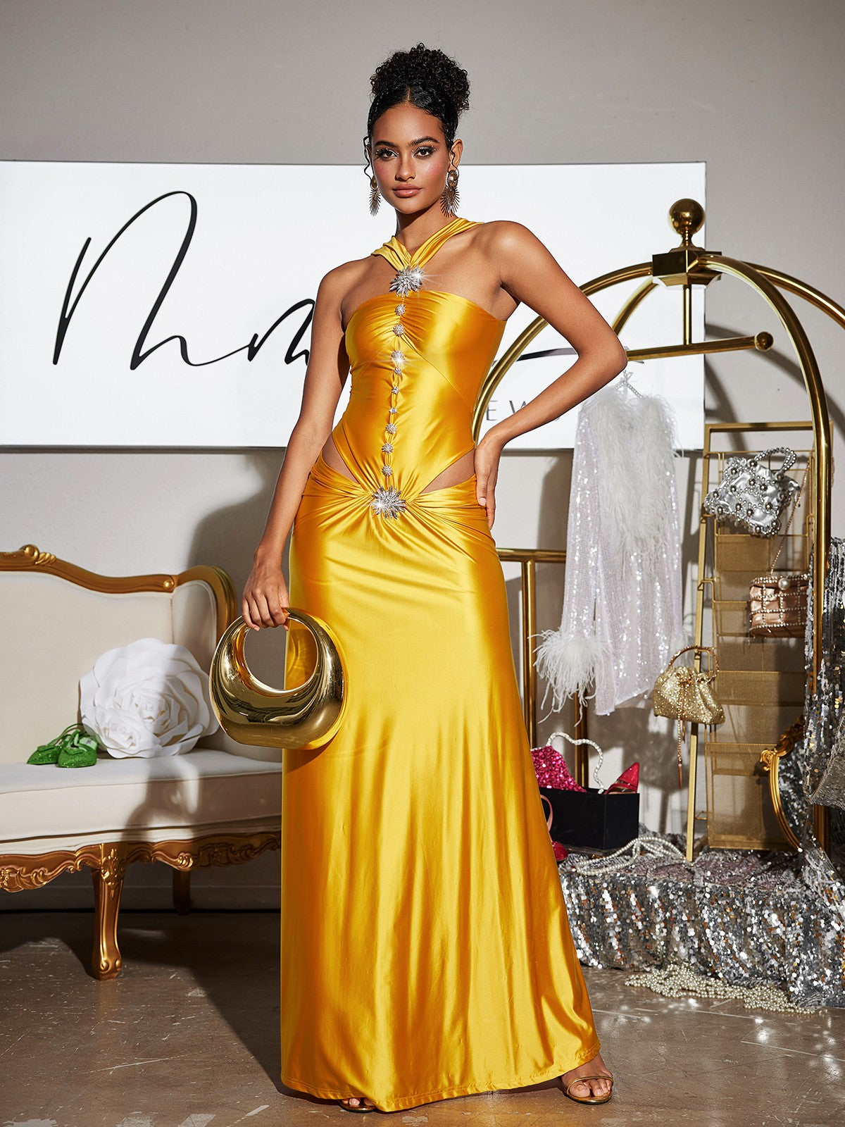 Halter Neck Starburst Brooch Waist Cutout Ruched Satin Column Maxi Gown