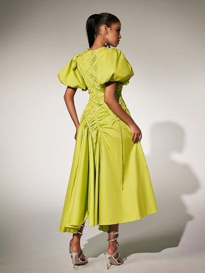 Round Neck Puff Sleeve Diagonal Pleat Asymmetric Hem Midi Dress
