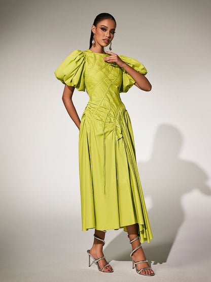 Round Neck Puff Sleeve Diagonal Pleat Asymmetric Hem Midi Dress