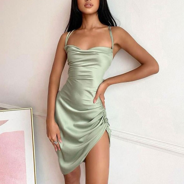 Cowl Neck Spaghetti Strap Side Ruched Asymmetrical Hem Satin Mini Dress