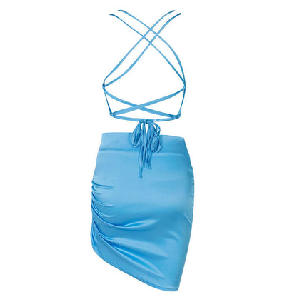 Cowl Neck Spaghetti Strap Side Ruched Asymmetrical Hem Satin Mini Dress