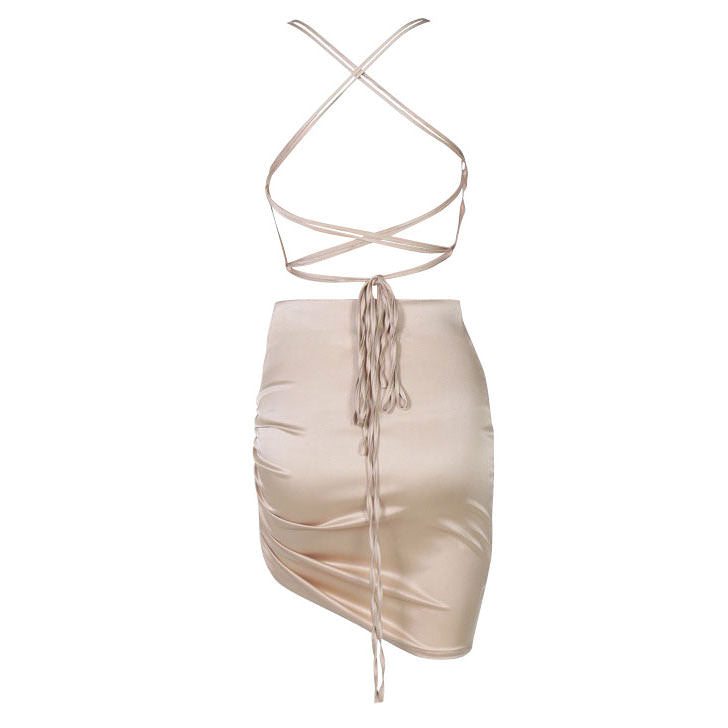 Cowl Neck Spaghetti Strap Side Ruched Asymmetrical Hem Satin Mini Dress