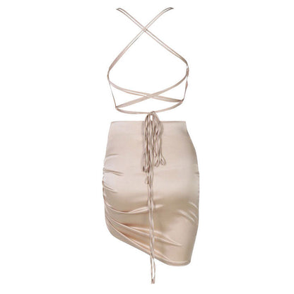 Cowl Neck Spaghetti Strap Side Ruched Asymmetrical Hem Satin Mini Dress