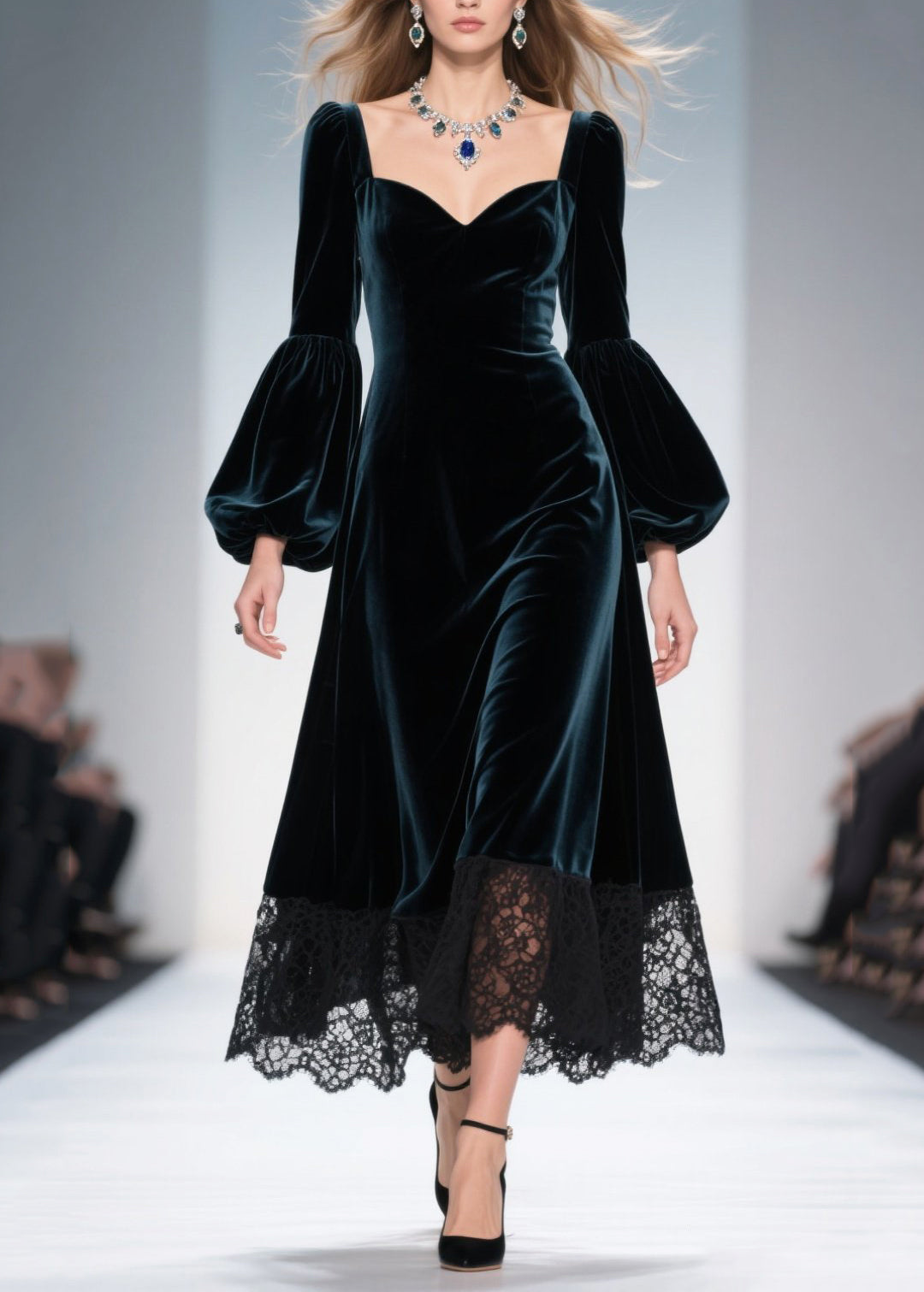 Sweetheart Neck Balloon Sleeve Velvet Lace Trim Midi Dress