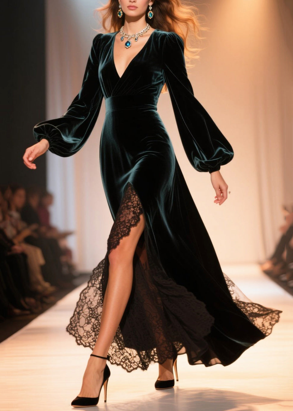 Surplice V-Neck Bishop Sleeve Lace Trim High Slit Velvet Maxi Gown