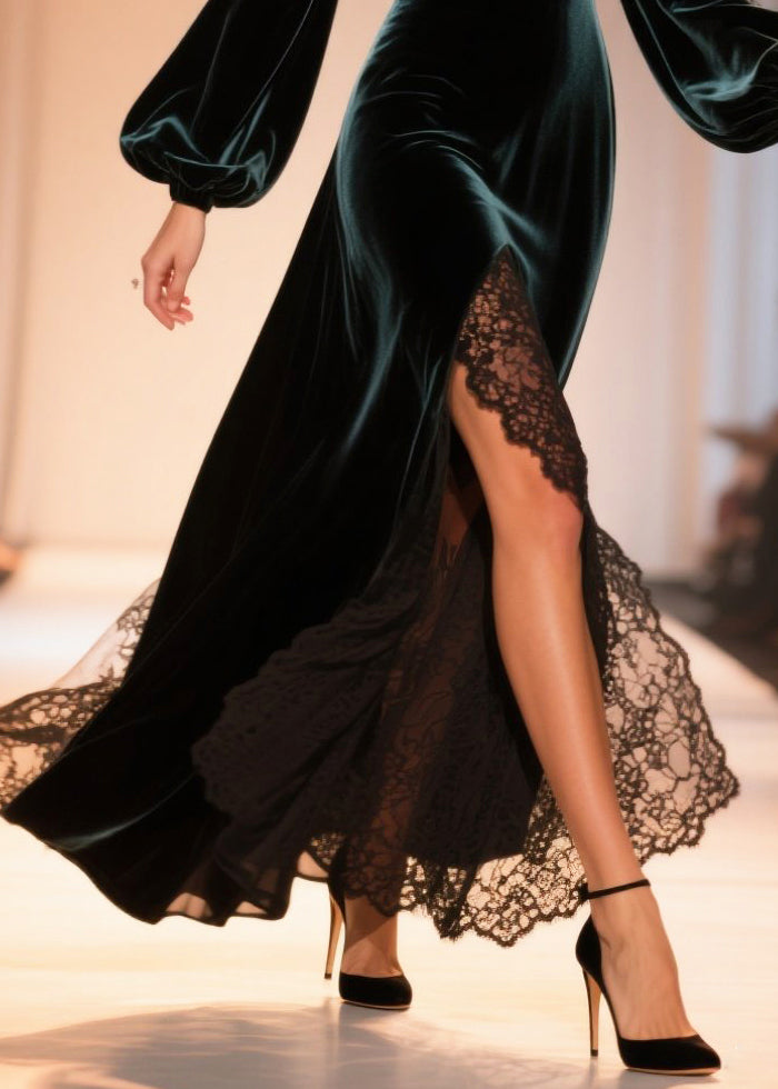 Surplice V-Neck Bishop Sleeve Lace Trim High Slit Velvet Maxi Gown