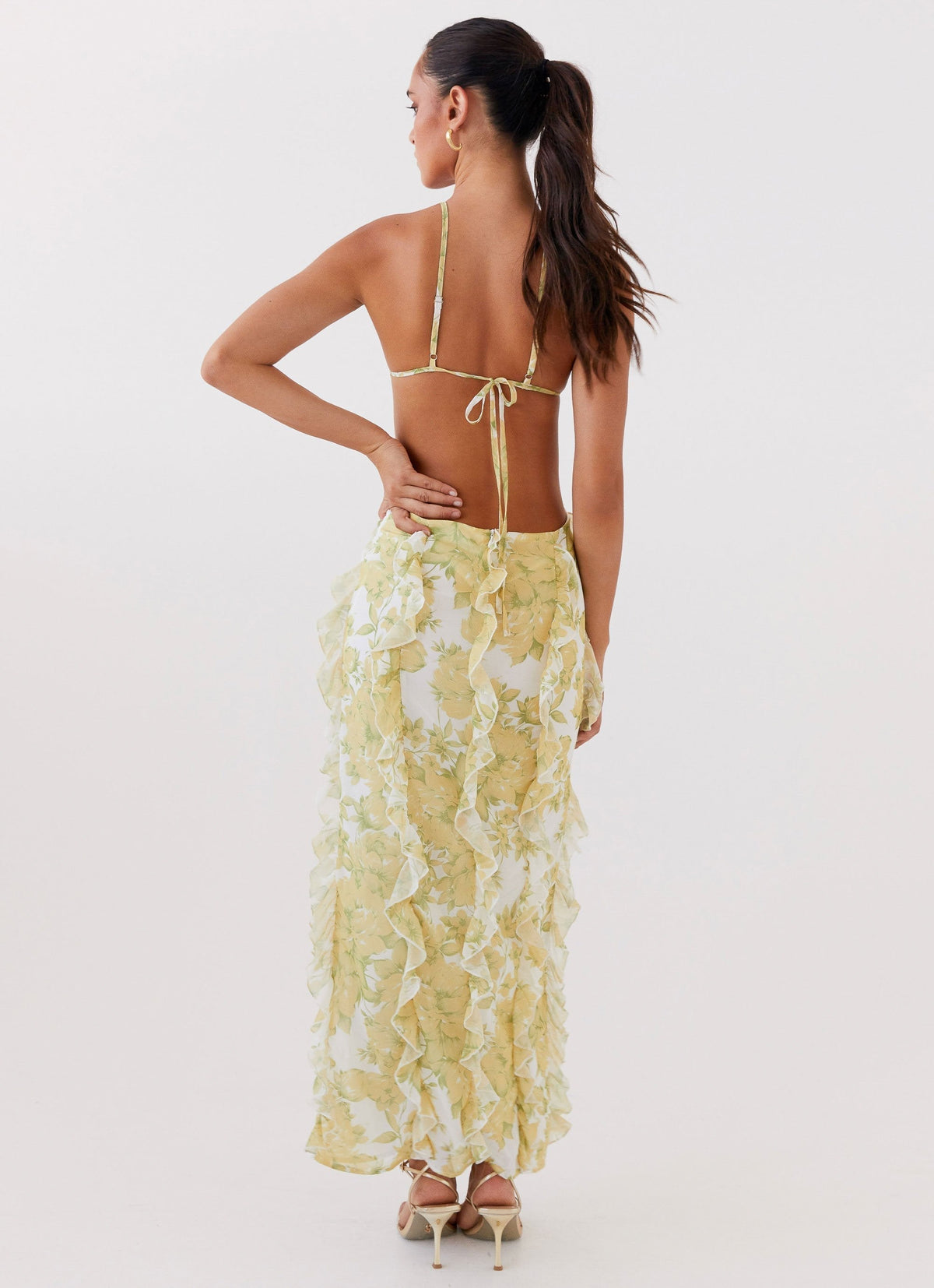 Spaghetti Strap Tiered Ruffle Column Maxi Gown