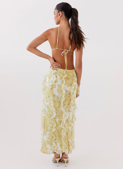 Spaghetti Strap Tiered Ruffle Column Maxi Gown