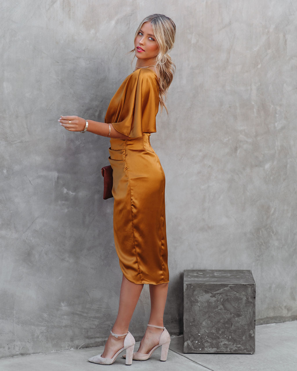 One Shoulder Flutter Sleeve Ruched Satin Wrap Tulip Midi Dress