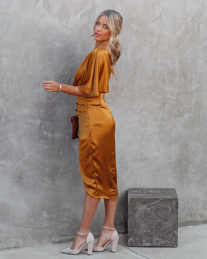 One Shoulder Flutter Sleeve Ruched Satin Wrap Tulip Midi Dress