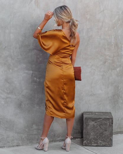 One Shoulder Flutter Sleeve Ruched Satin Wrap Tulip Midi Dress