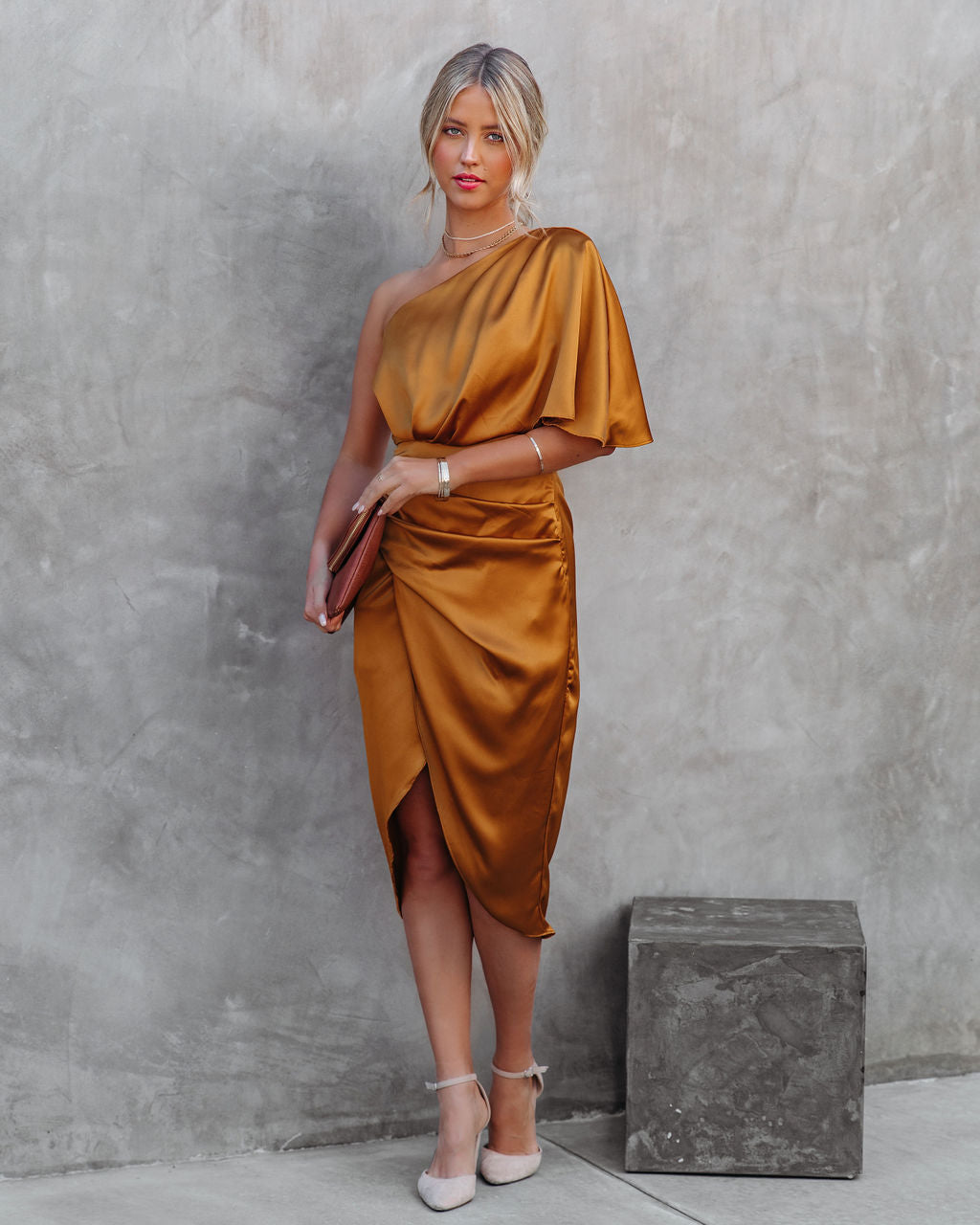 One Shoulder Flutter Sleeve Ruched Satin Wrap Tulip Midi Dress