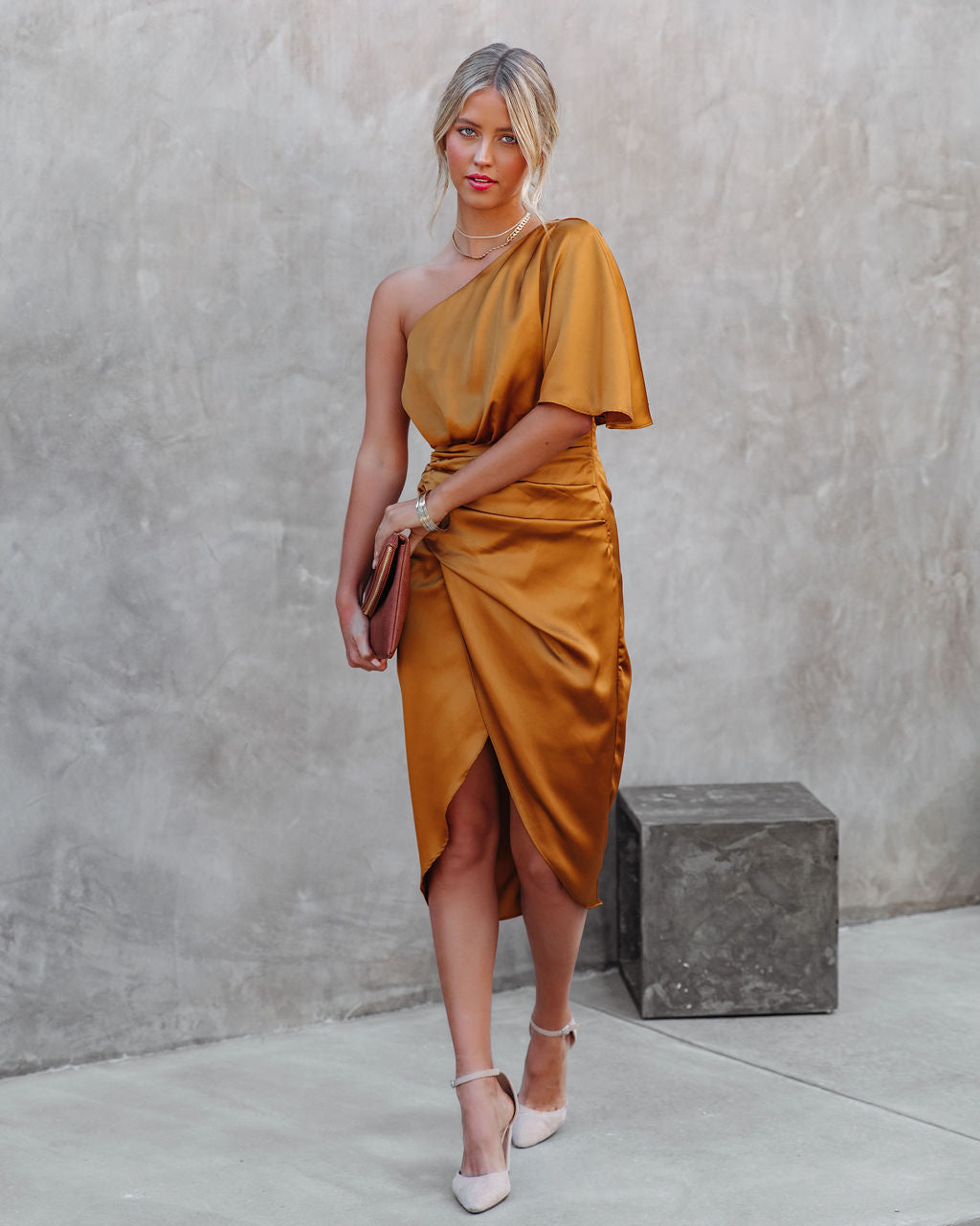 One Shoulder Flutter Sleeve Ruched Satin Wrap Tulip Midi Dress