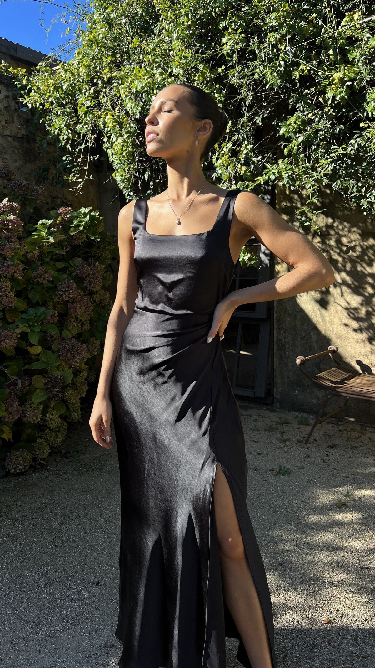 Satin Tank Strap Square Back High Slit Slip Maxi Dress