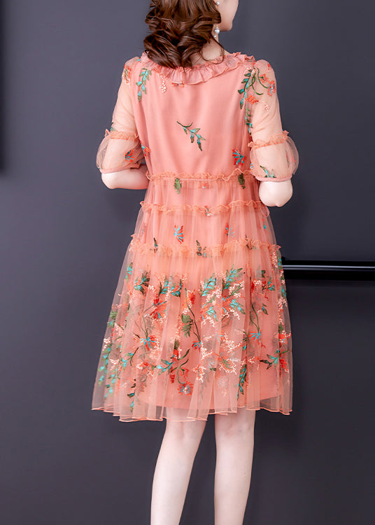 V Neck Tie Front Puff Sleeve Tiered Embroidered Mesh Midi Dress