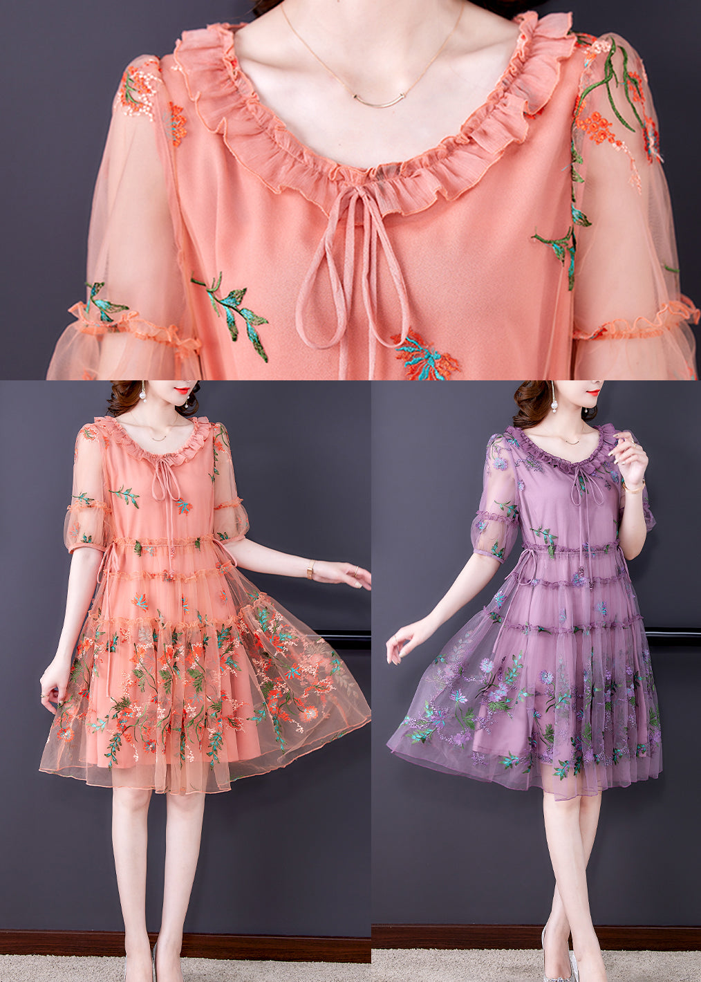 V Neck Tie Front Puff Sleeve Tiered Embroidered Mesh Midi Dress