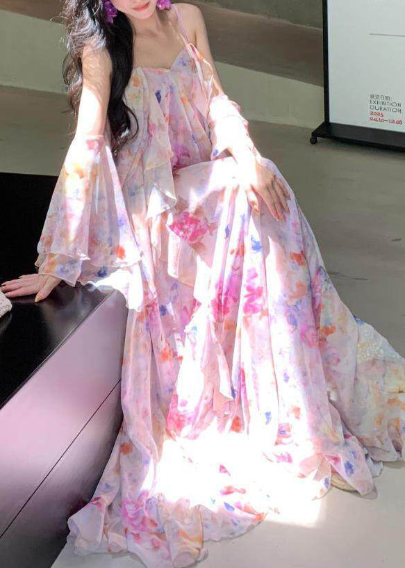 V Neck Tiered Ruffle Off Shoulder Bell Sleeve Watercolor Floral Maxi Dress