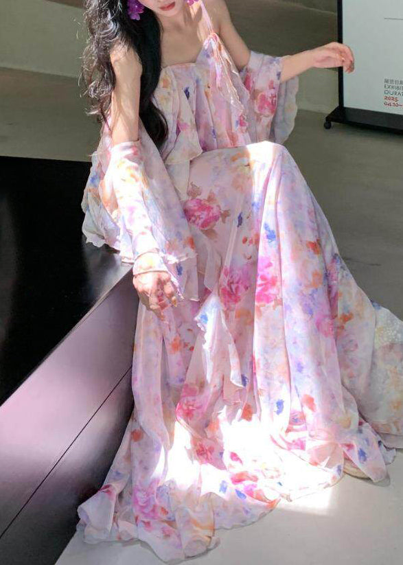 V Neck Tiered Ruffle Off Shoulder Bell Sleeve Watercolor Floral Maxi Dress